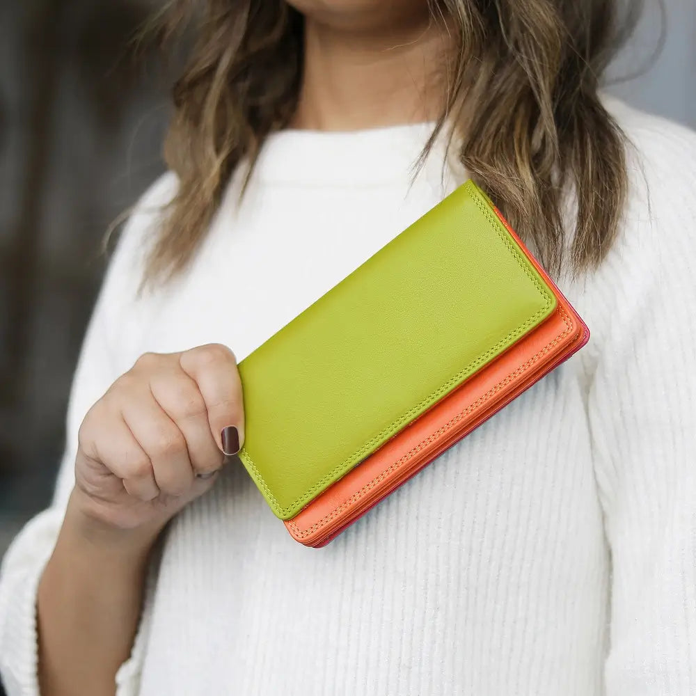Person holding  Green wallet with orange bottom section on a white background