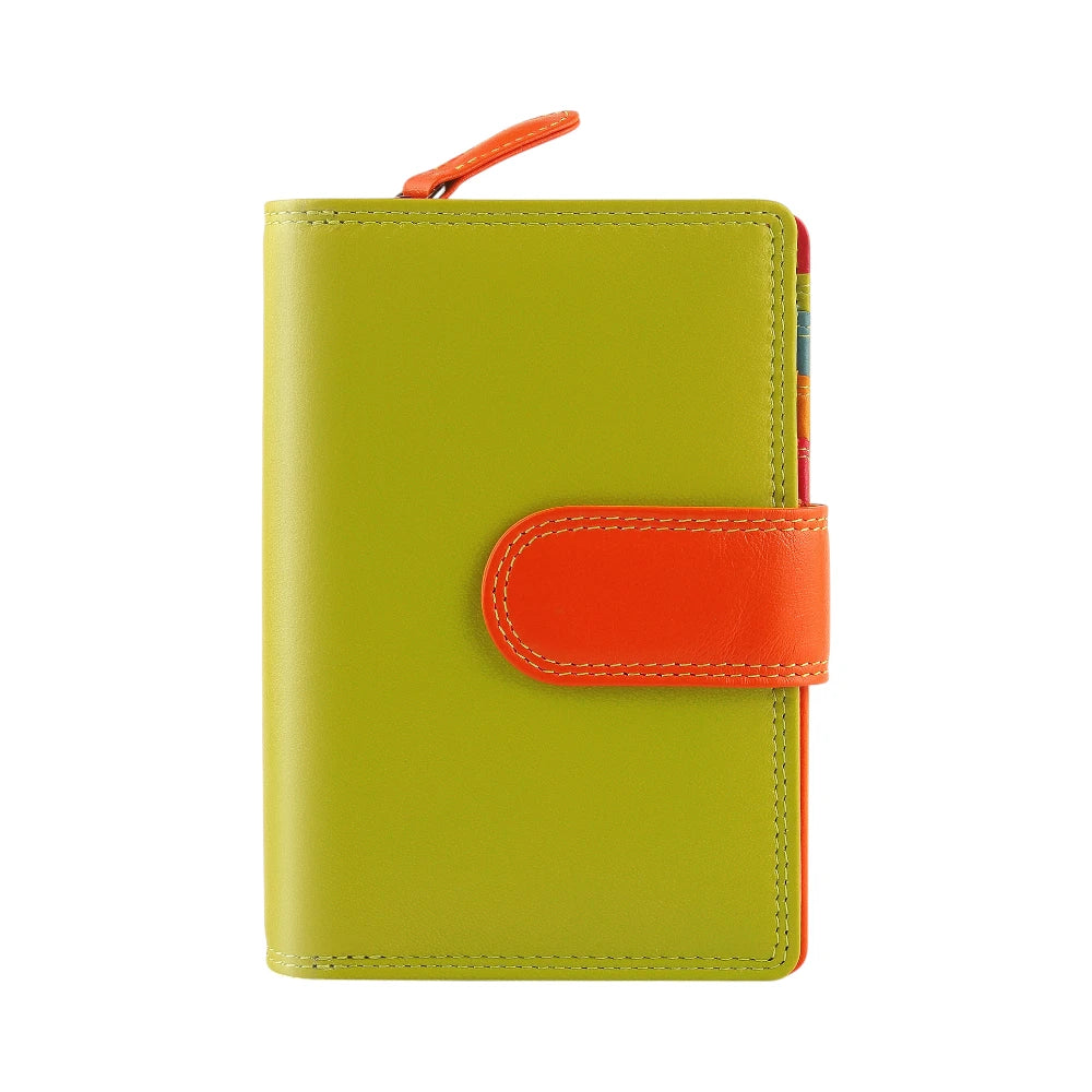 Front view of Green wallet with orange strap on a white background