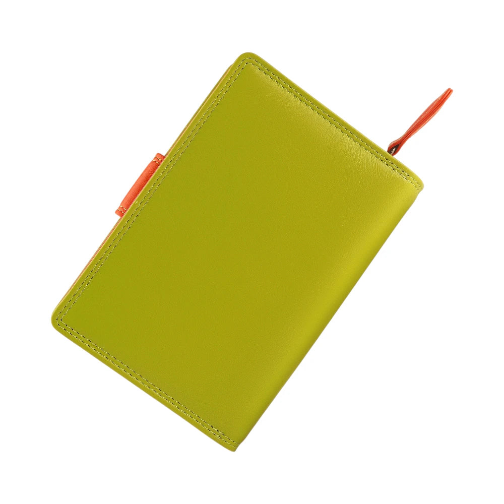 Green wallet with a red strap on a white background