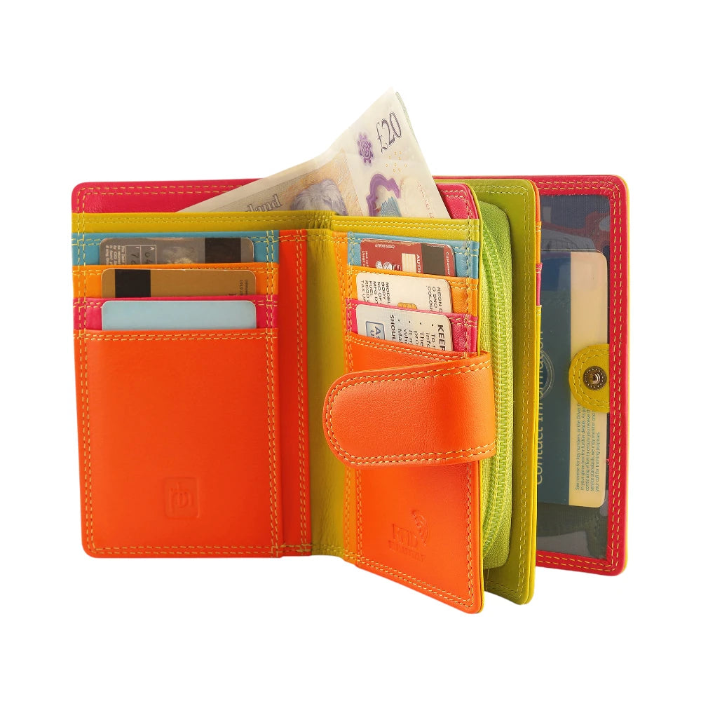 Green wallet with various cards and money on a white background