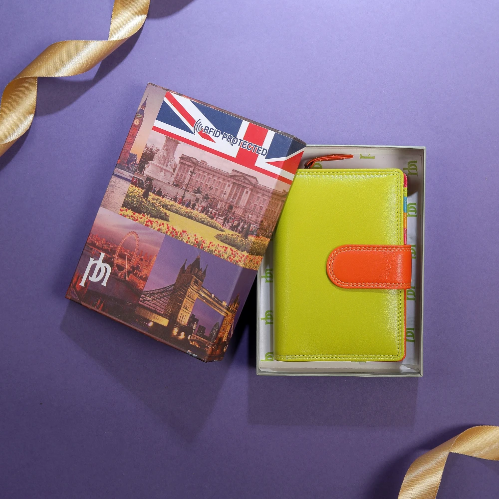 Passport holder with British flag design and green wallet with orange accent on a purple background