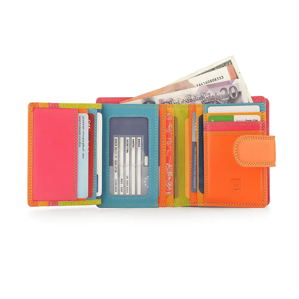 Green wallet with card slots and money on a white background