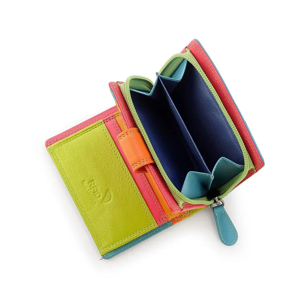 Green wallet with a visible brand logo on a white background