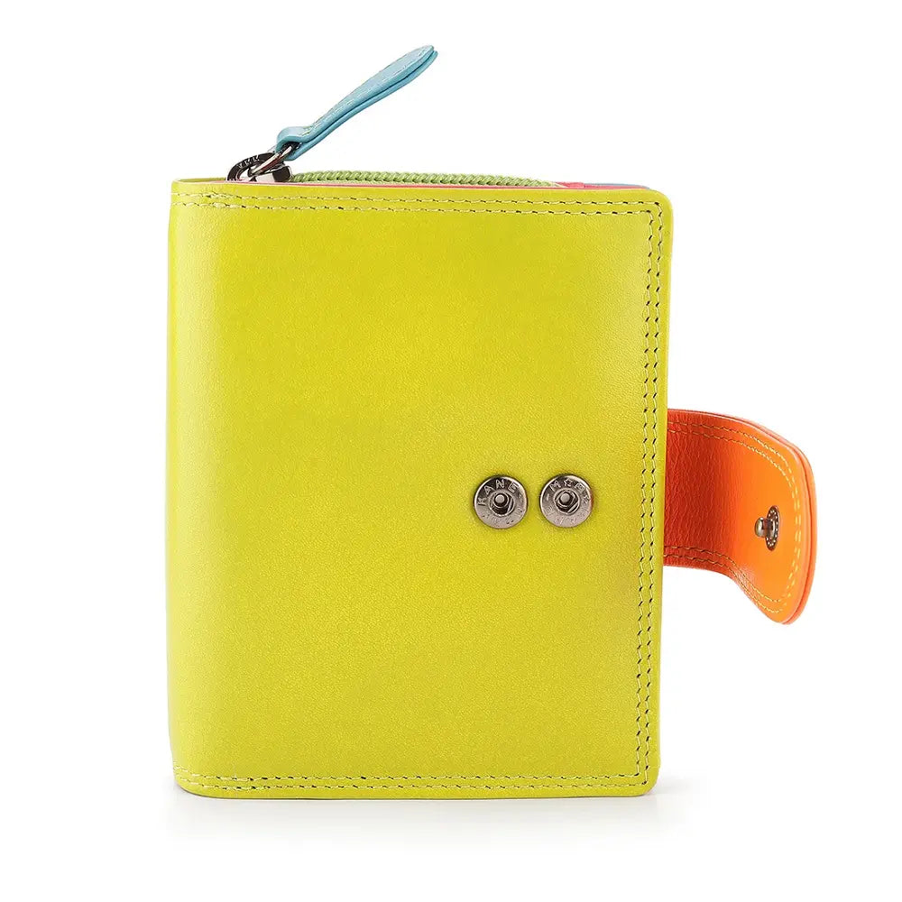 Green wallet with a blue zipper and orange handle on a white background