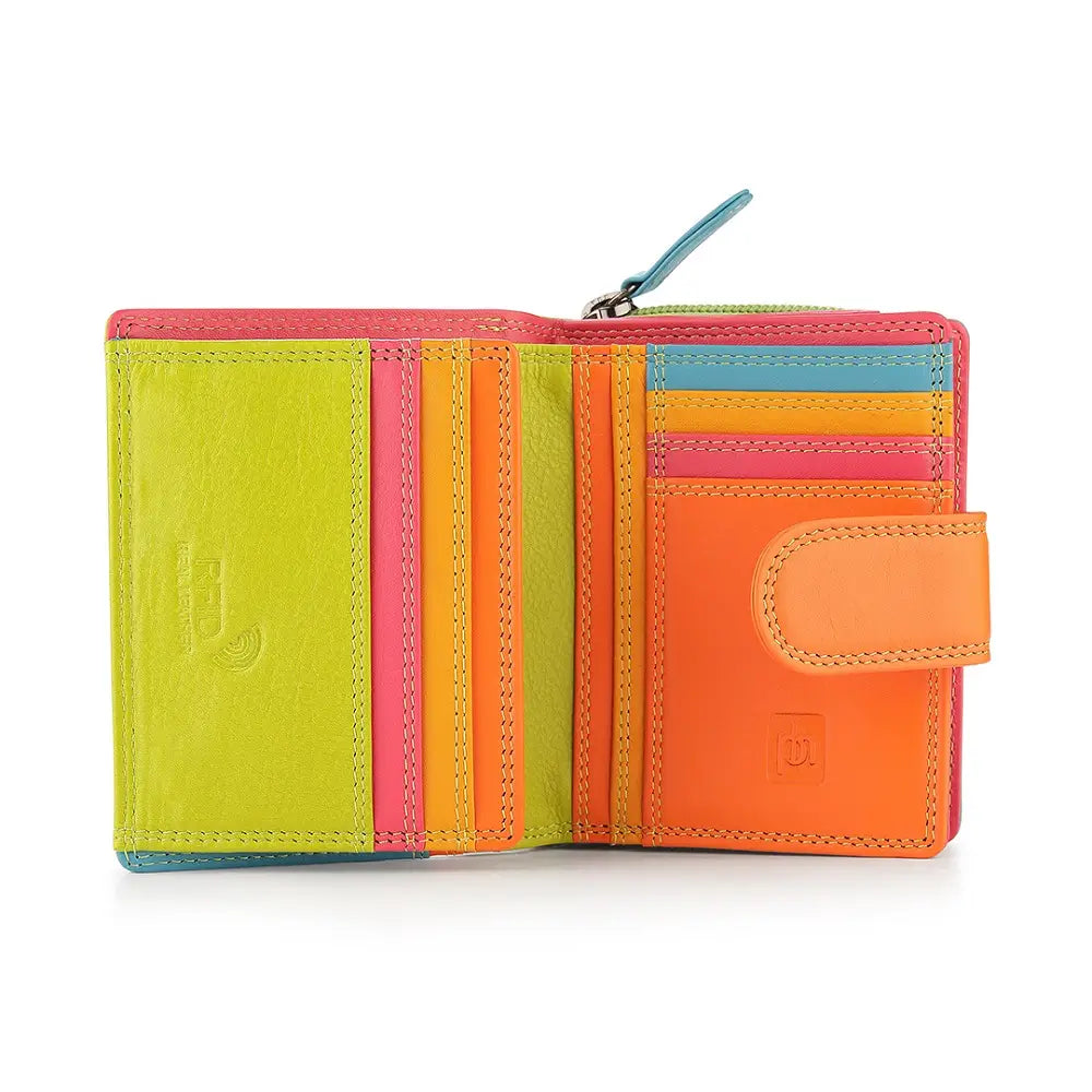 Green wallet with multiple compartments on a white background