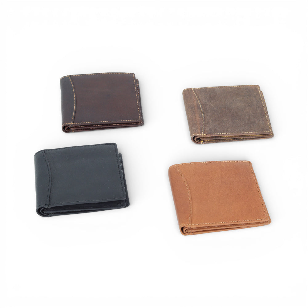 Four leather wallets in different colors on a white background