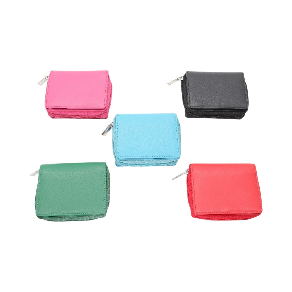 Five colorful coin purses (pink, blue, black, green, red) on a white background