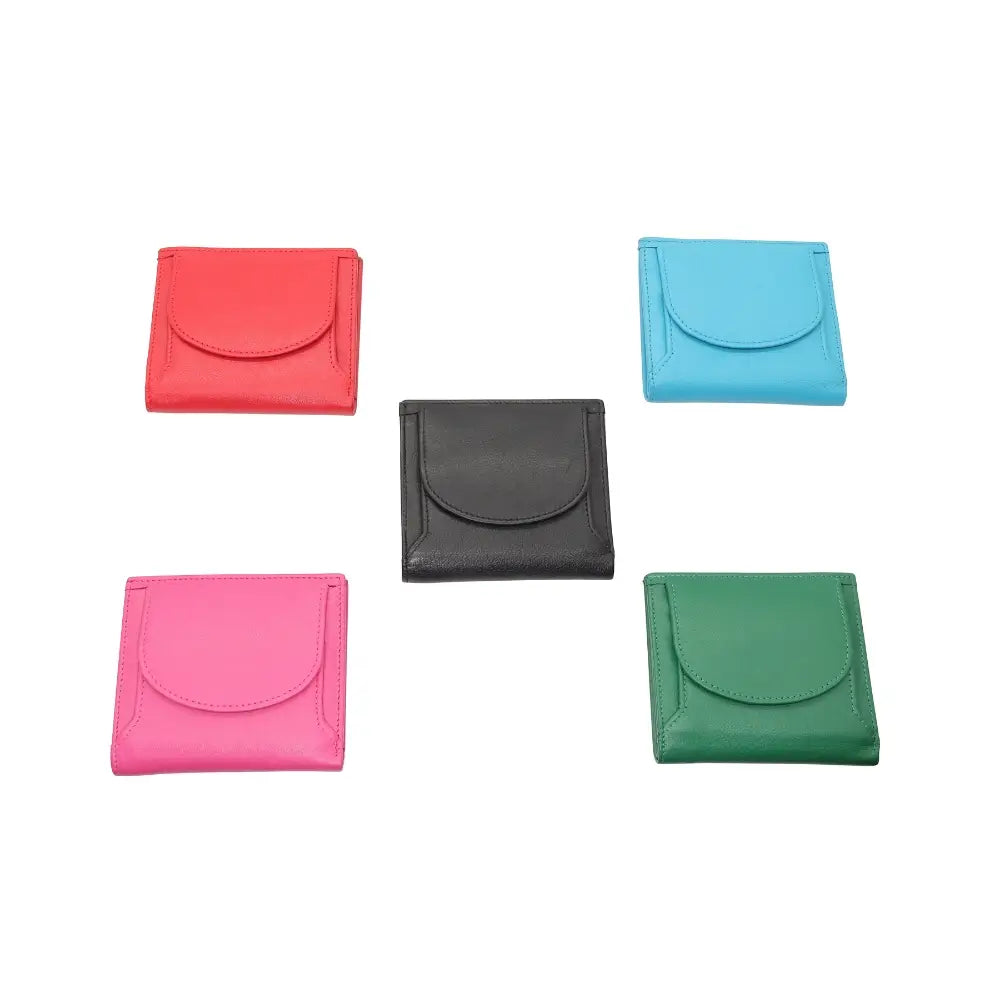 Five colorful small wallets on a white background