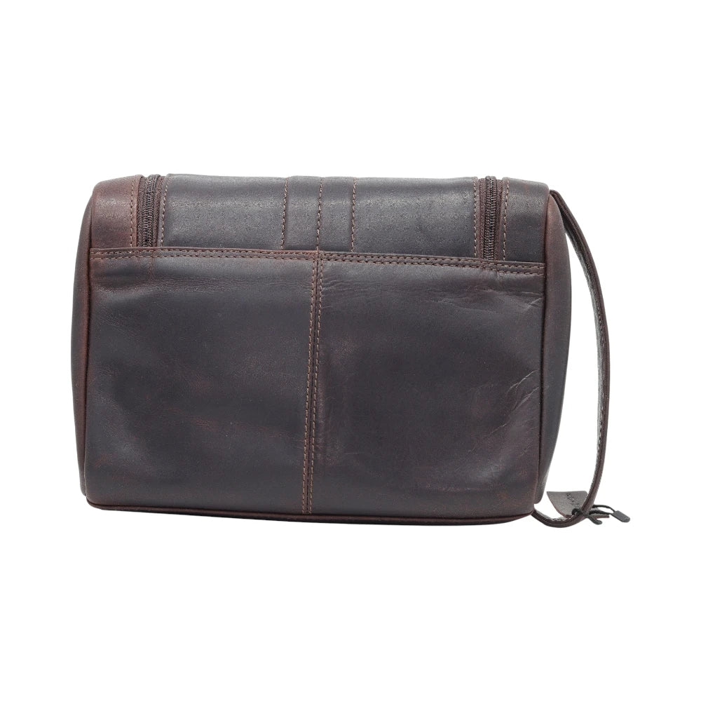 Brown leather bag with visible stitching on a white background