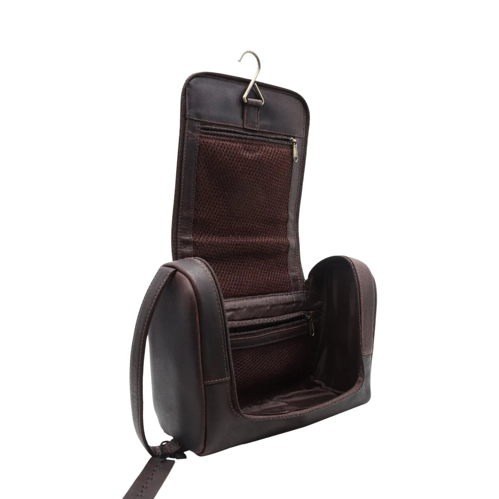 Brown leather travel organizer with a hanging hook on a white background