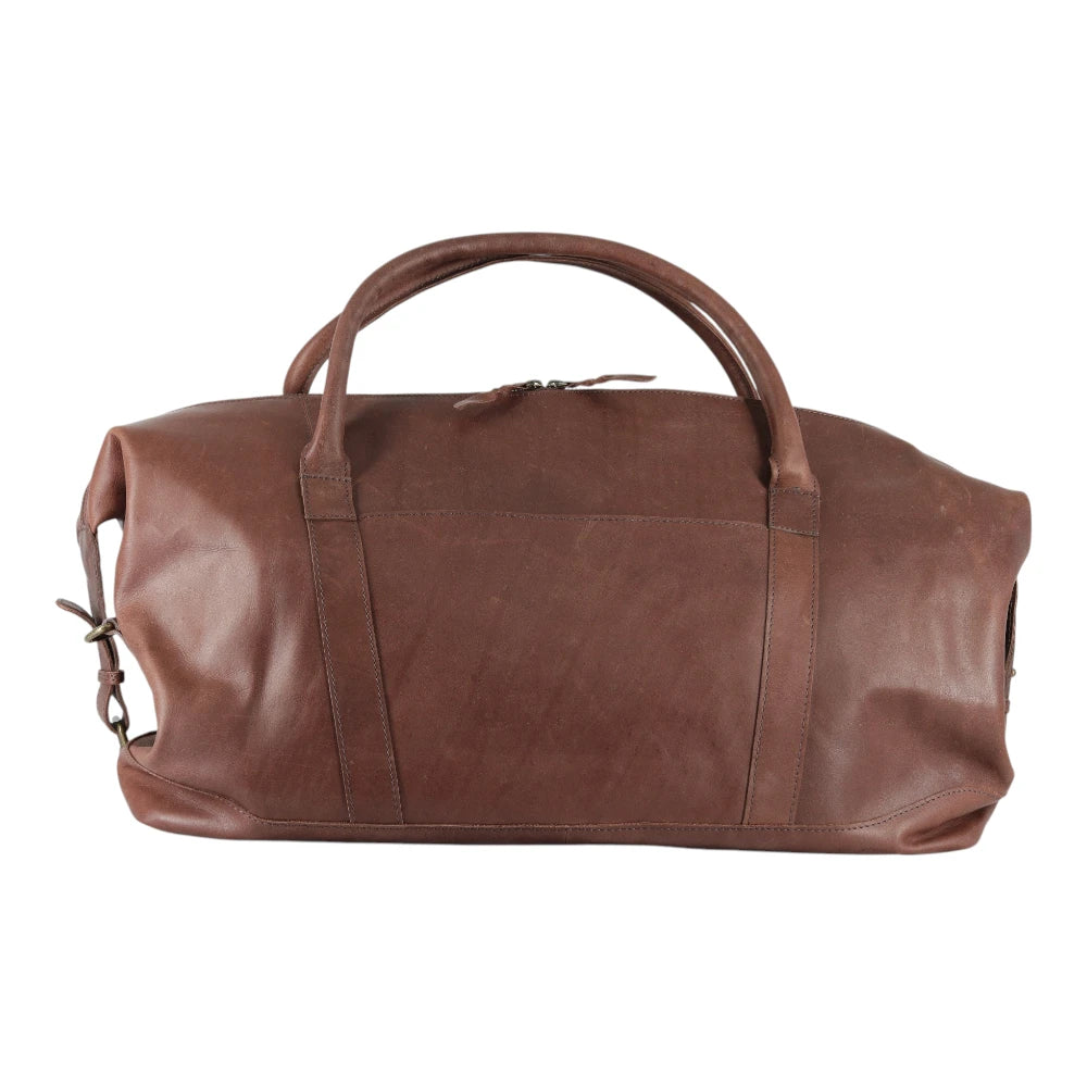 Brown leather holdall bag on a white background