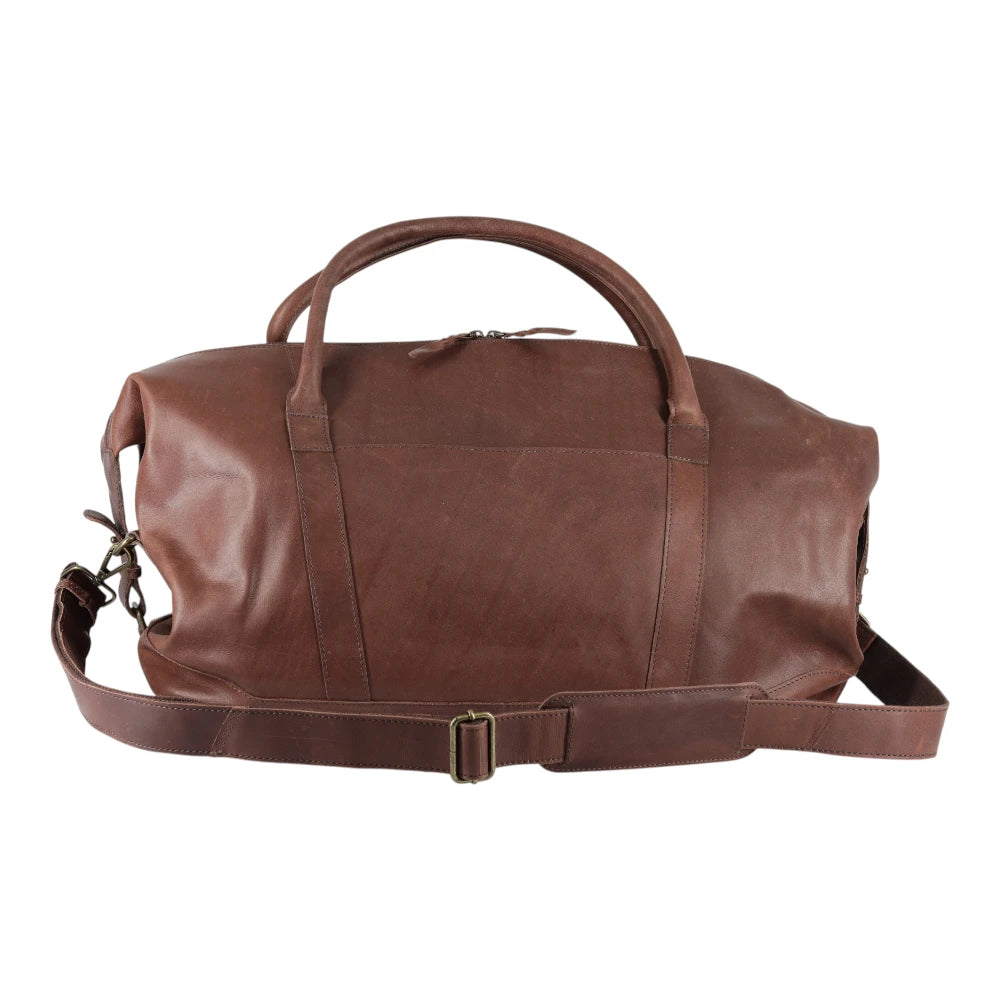 Brown leather holdall bag on a white background