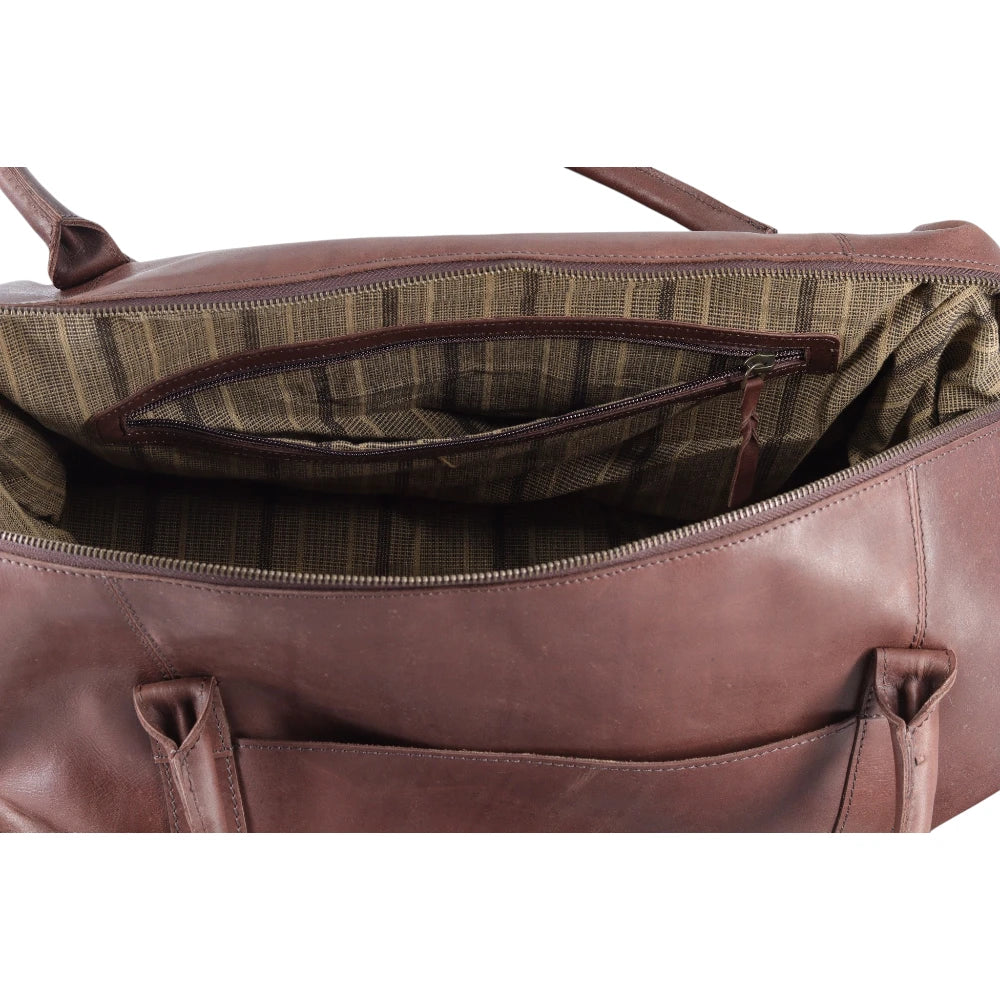 Brown leather holdall bag with open top showing fabric lining on a white background