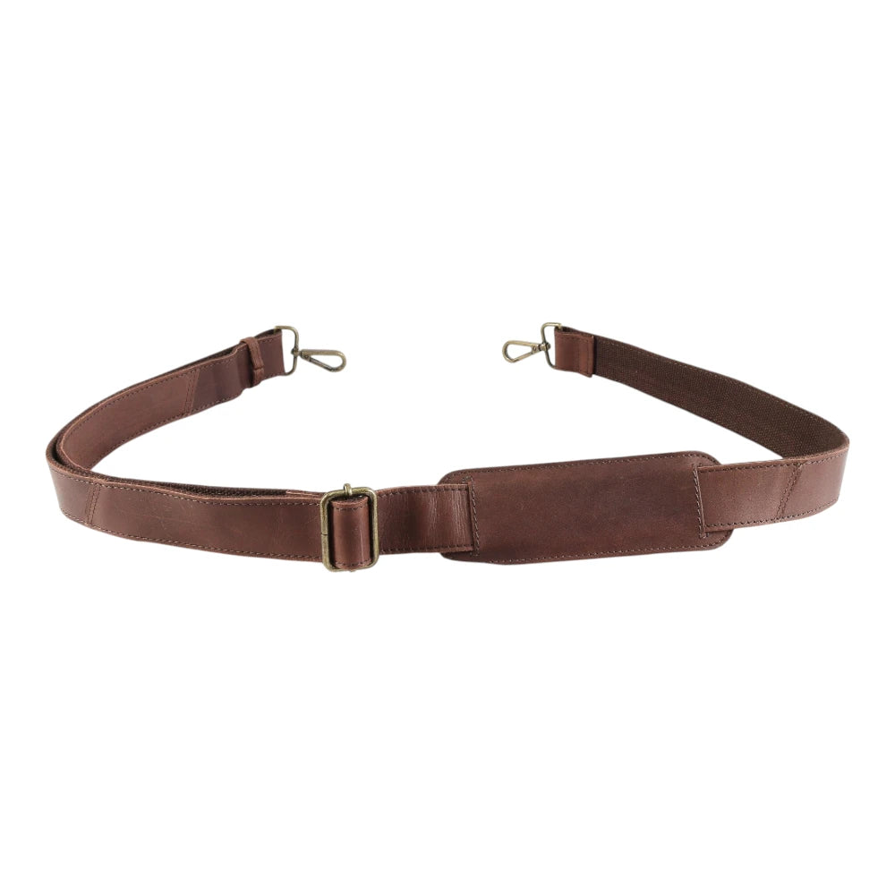 Brown leather bag with a buckle on a white background