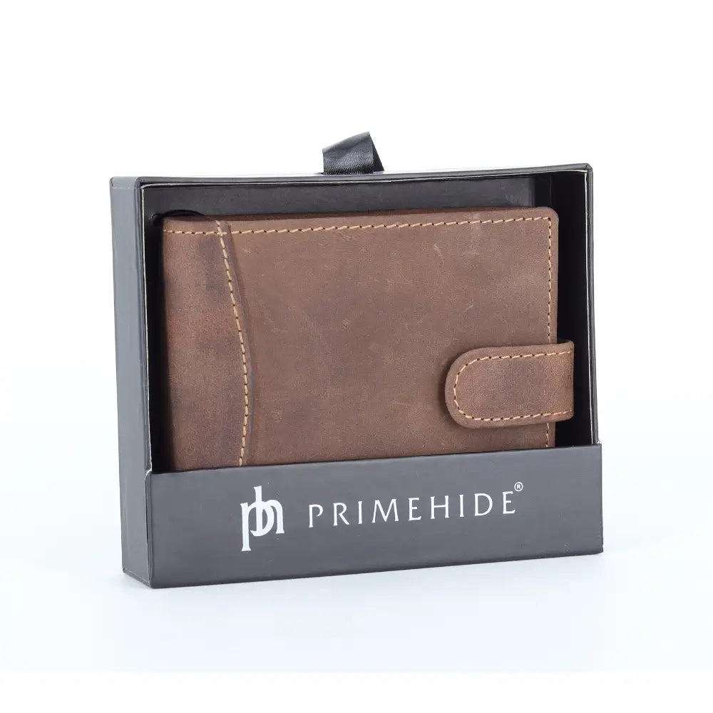 Hunter Brown leather wallet in a Primehide packaging box on a white background
