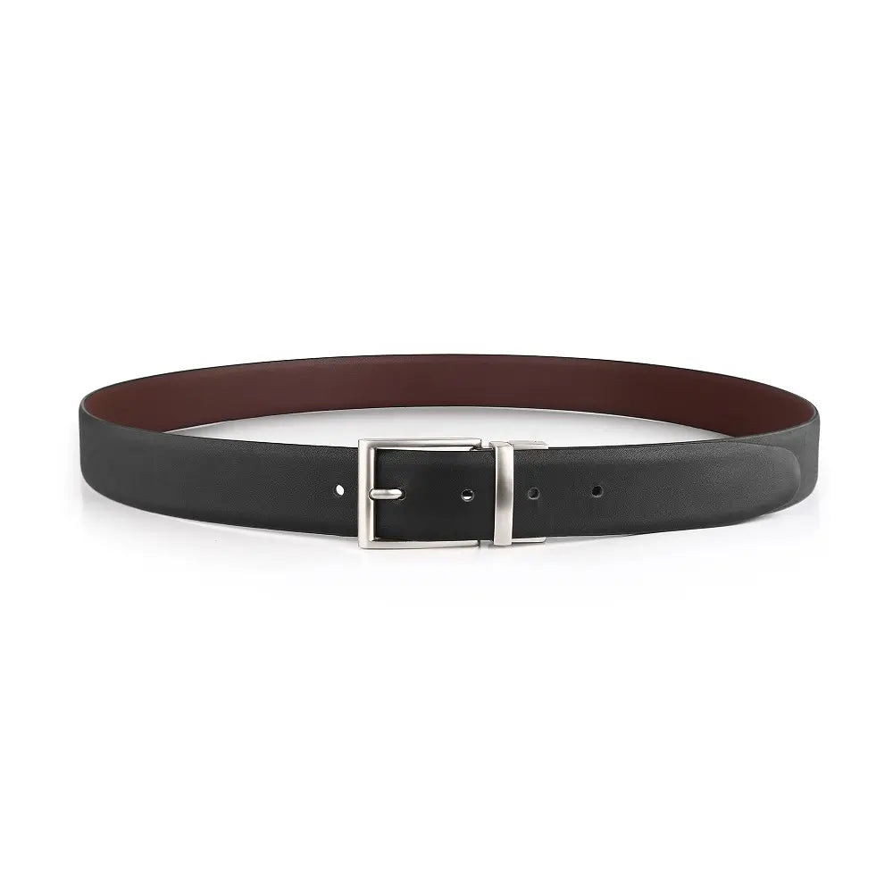 Full width view of leather belt with a silver buckle on a white background