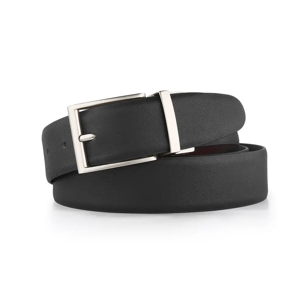 Large Reversable  leather belt with a silver buckle on a white background