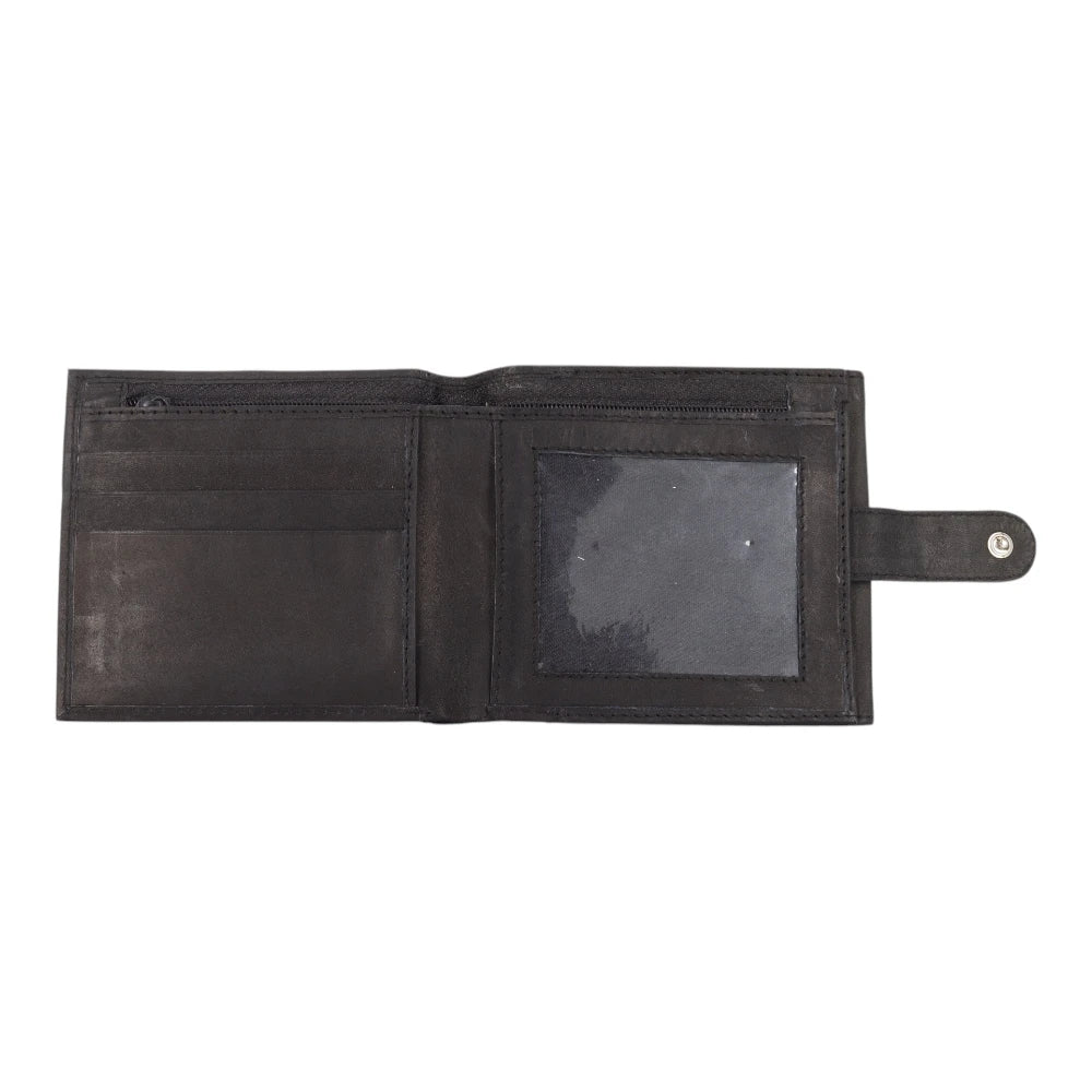 Open view of Black leather wallet on a white background