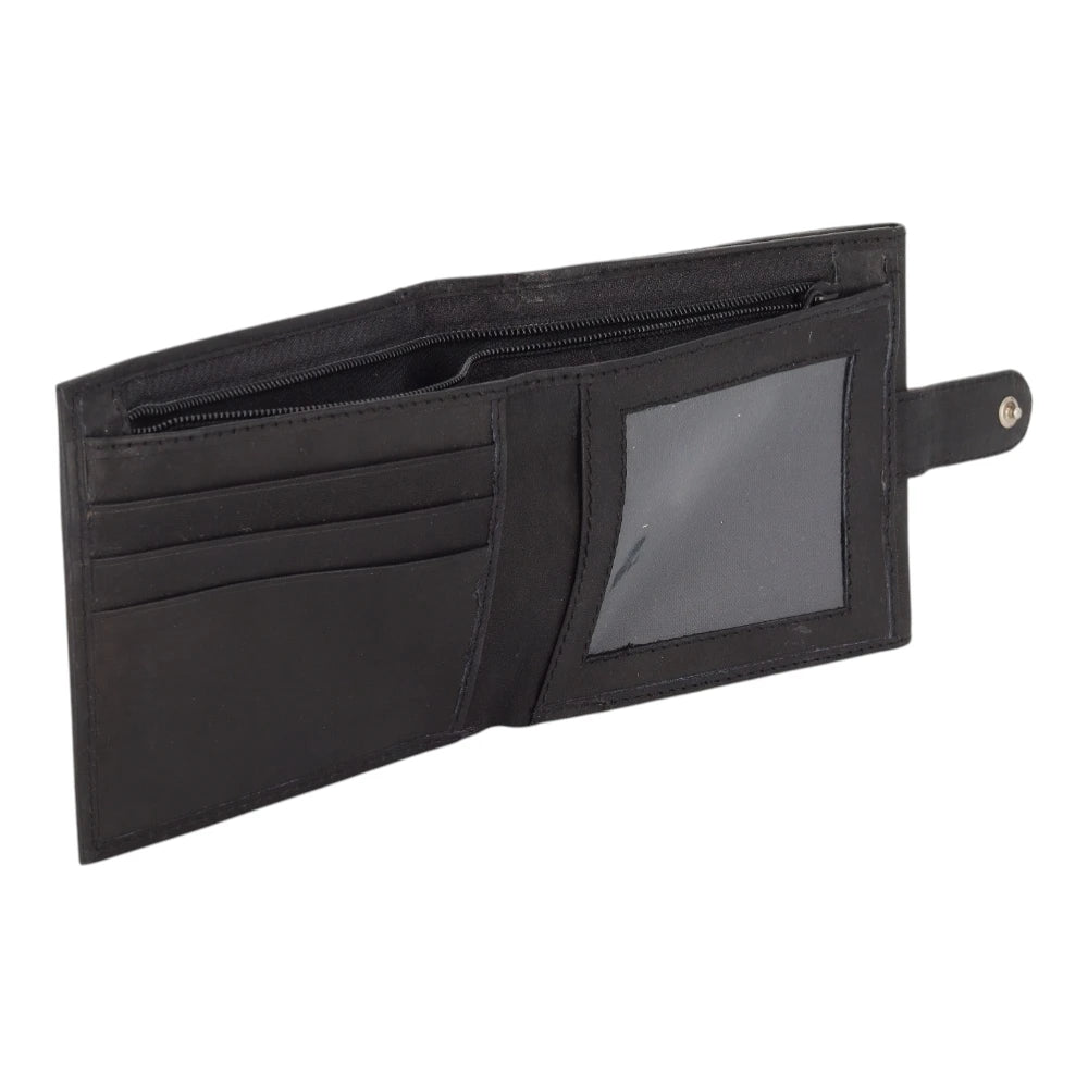Black leather wallet with card slots and a clear window on a white background
