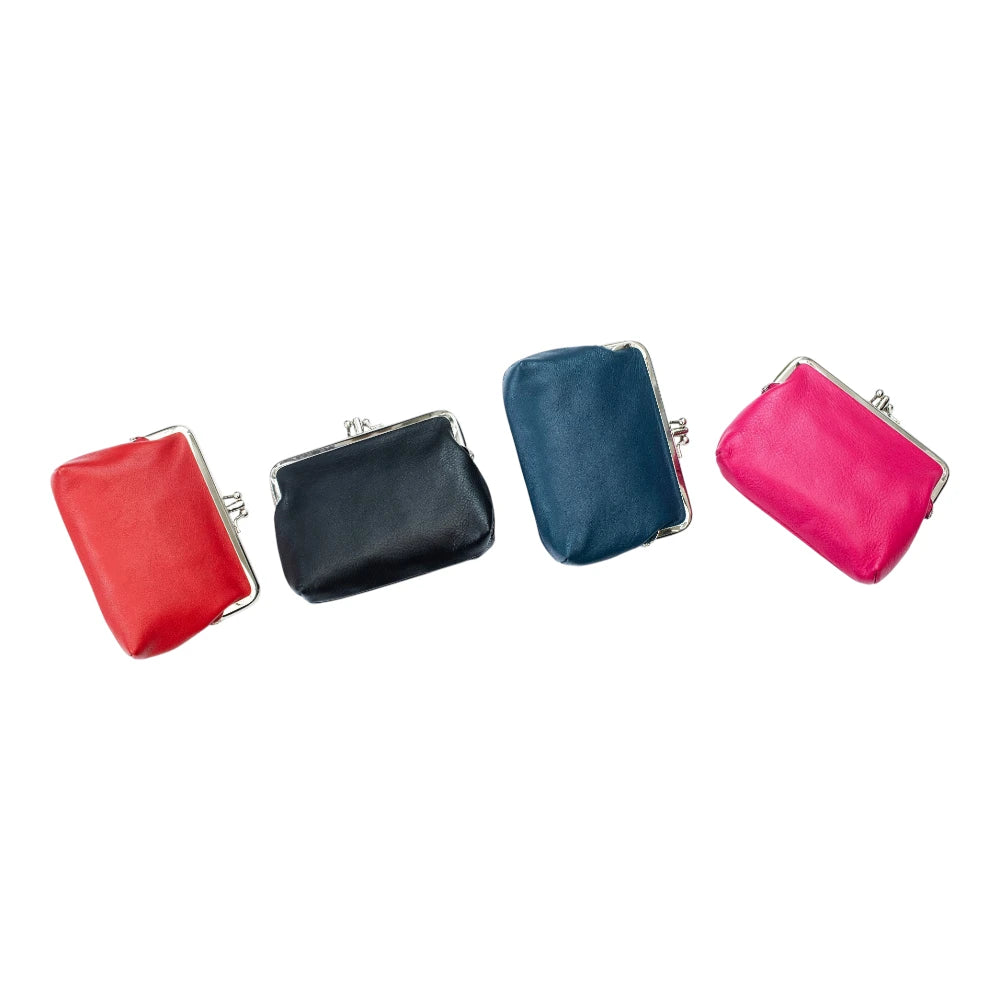 Four colorful coin purses (red, black, navy, berry) on a white background