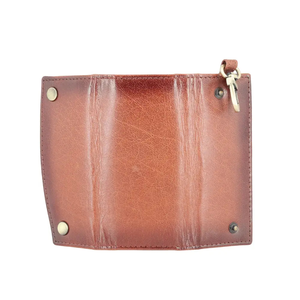 Back view of Brown leather wallet with gold accents on a white background