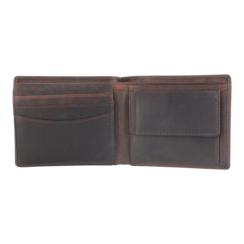 Open view of Brown leather wallet open on a white background