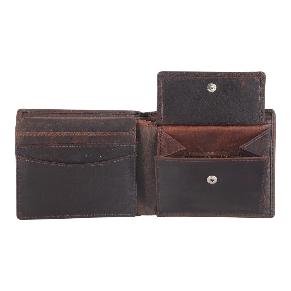 Open brown leather wallet on a white background