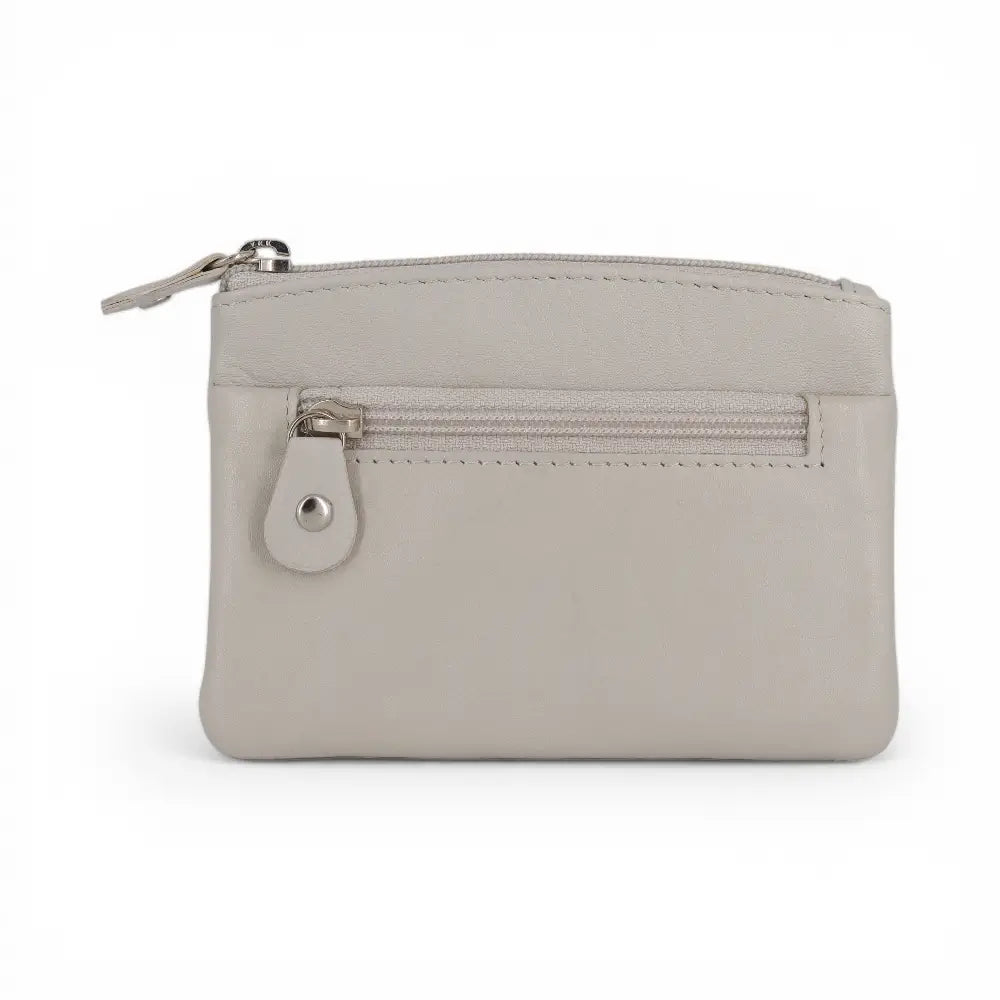Light gray leather wallet with a zipper on a white background