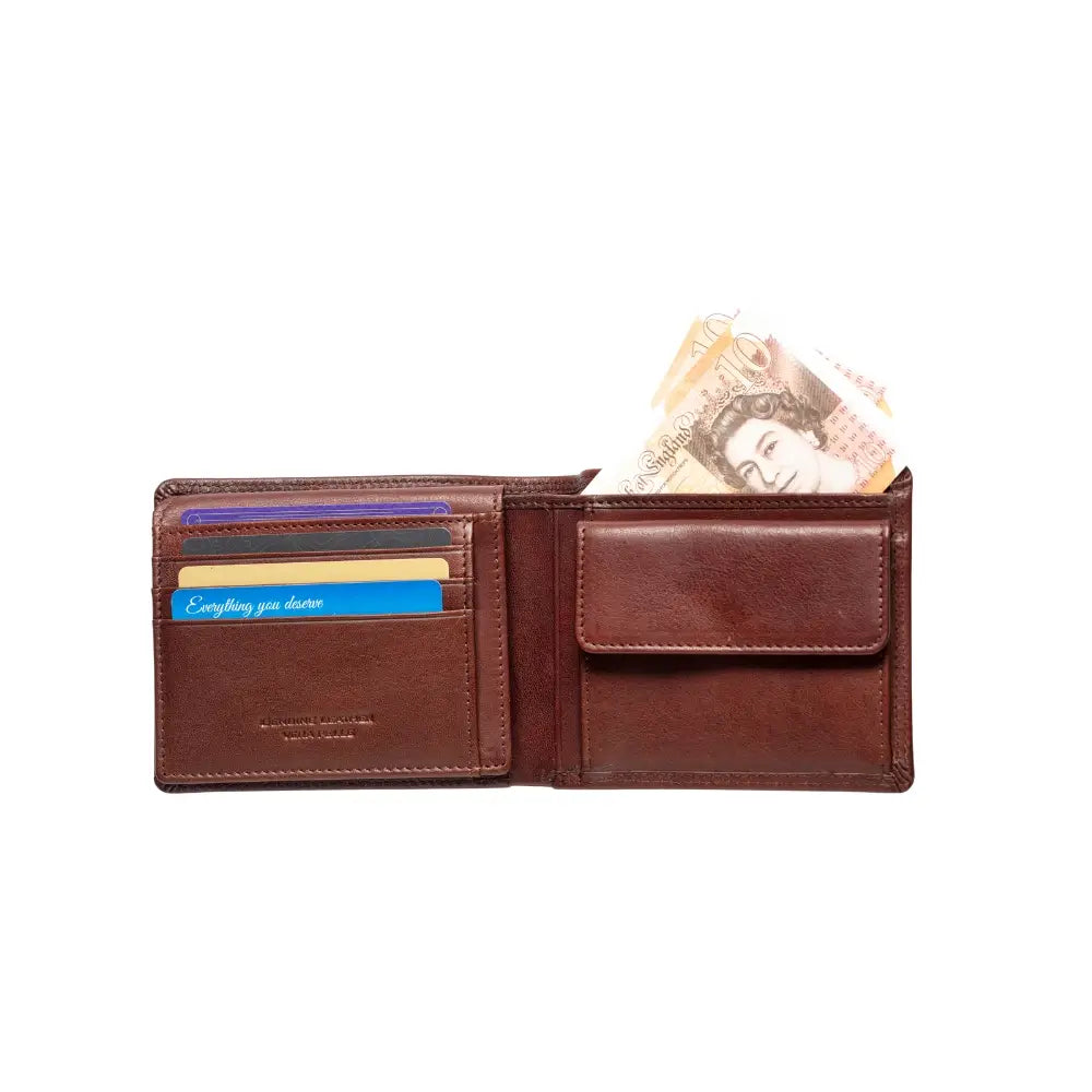 Light Brown leather wallet with money and cards on a white background
