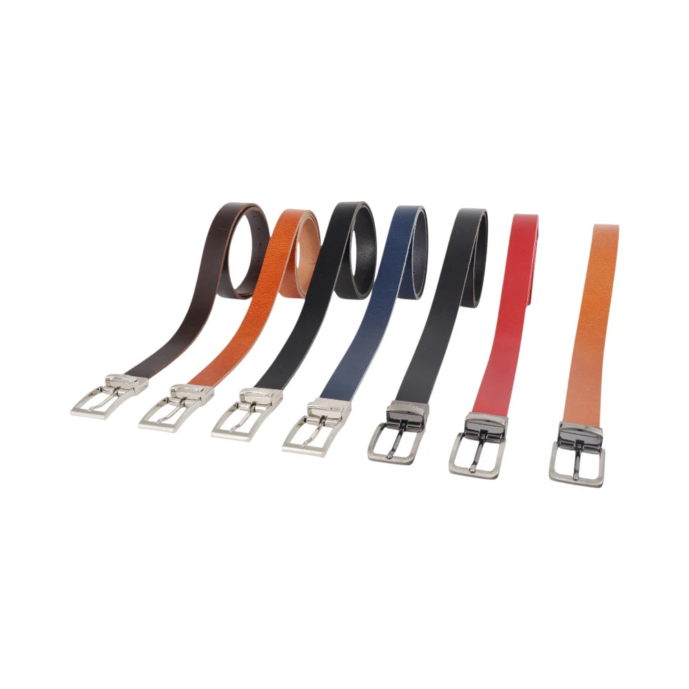 Set of colorful belts with silver buckles on a white background