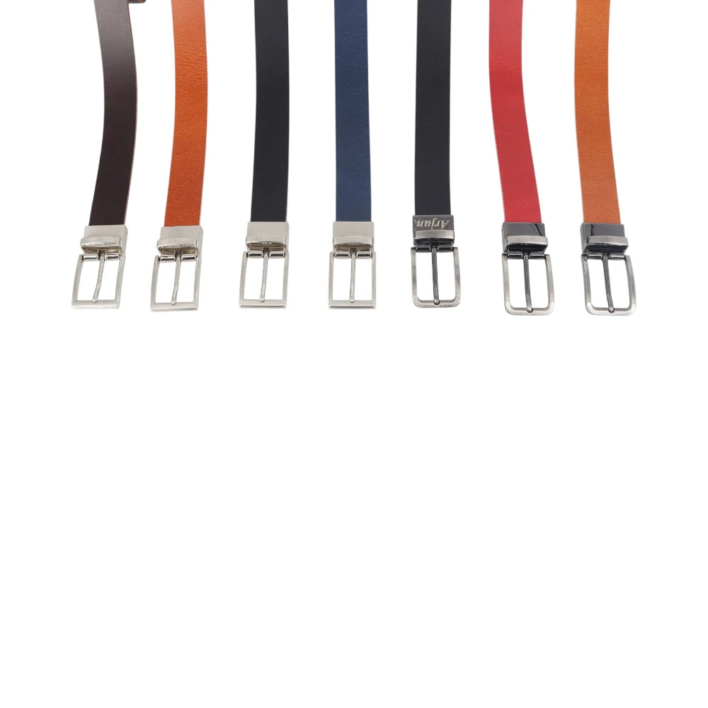 Set of colorful belts with silver buckles on a white background