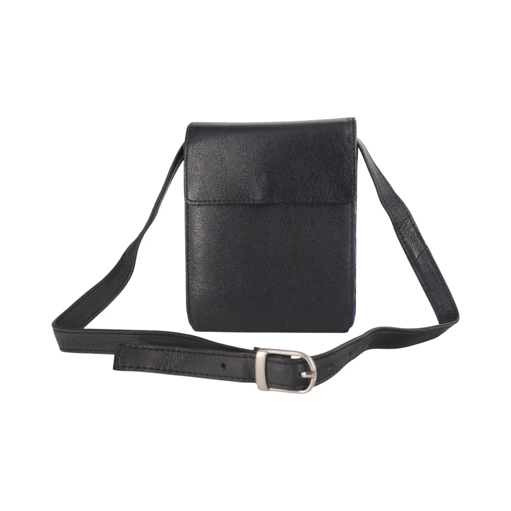 Front view of Black leather crossbody bag on a white background