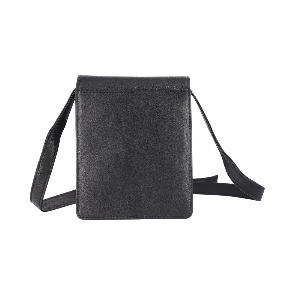 Back view of Black crossbody bag on a white background