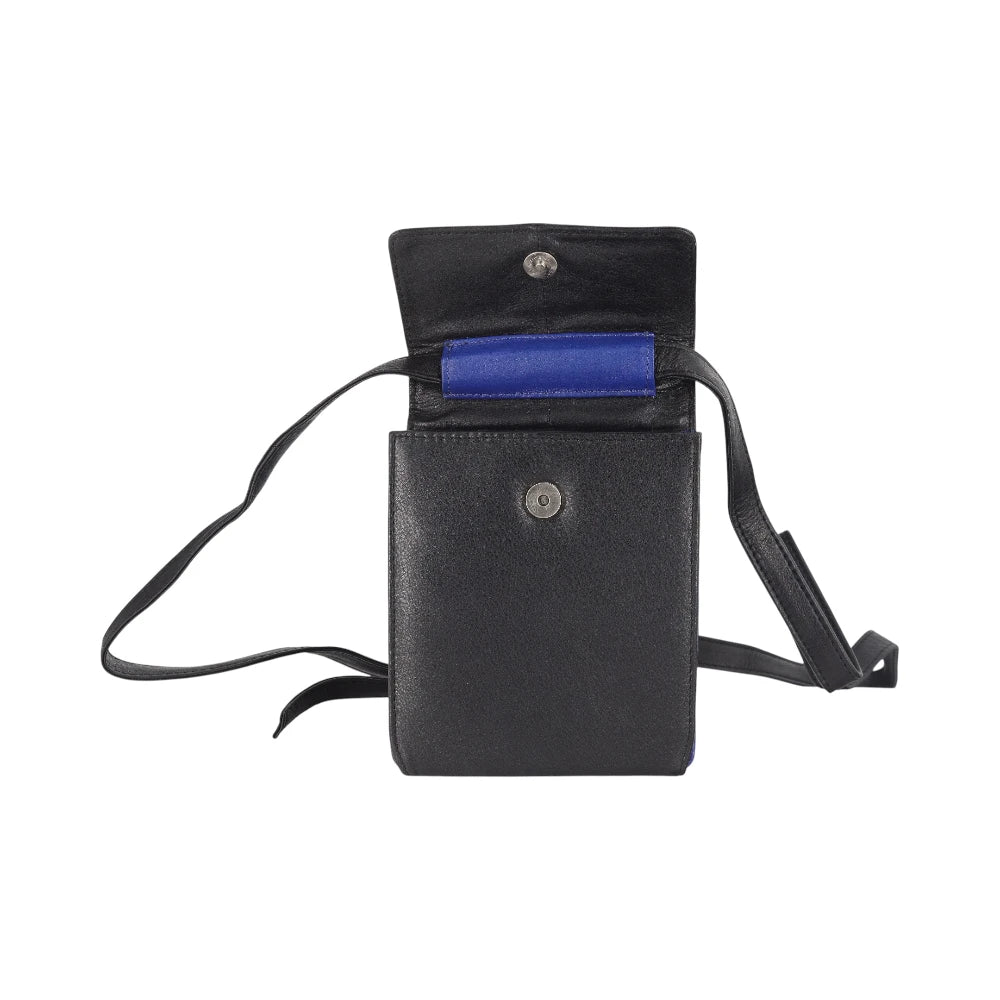 Open view of Black crossbody bag with a blue interior pocket on a white background