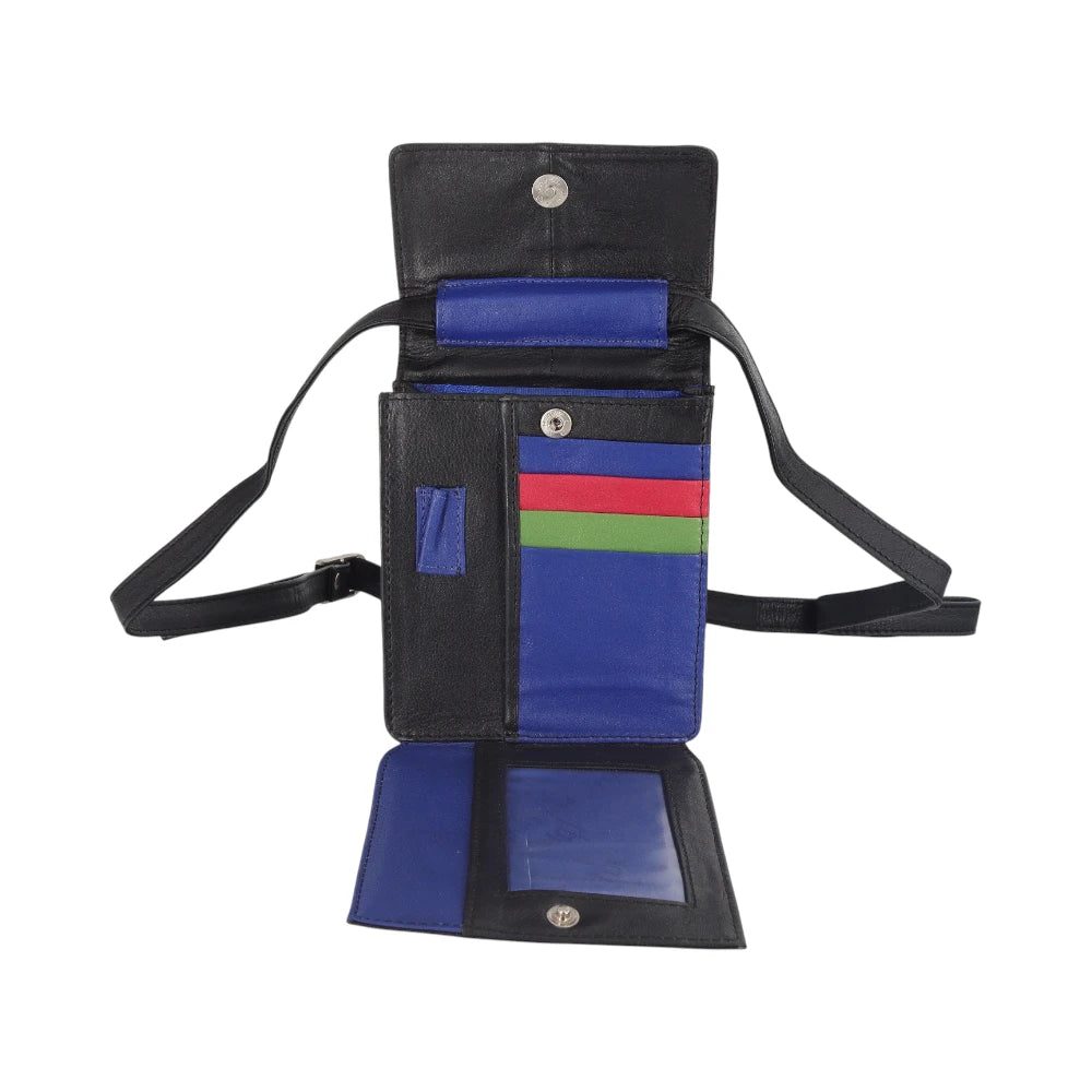 Inside view of Black crossbody bag with colorful interior on a white background