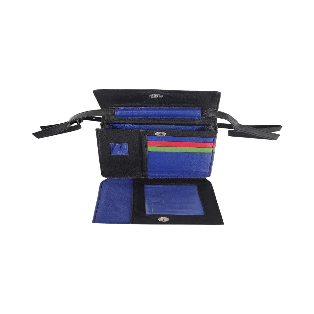 Inside view of Black  bag with colorful compartments on a white background