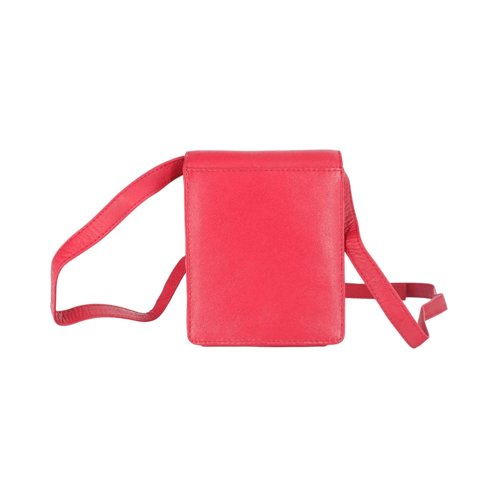 Back view of Red crossbody bag on a white background