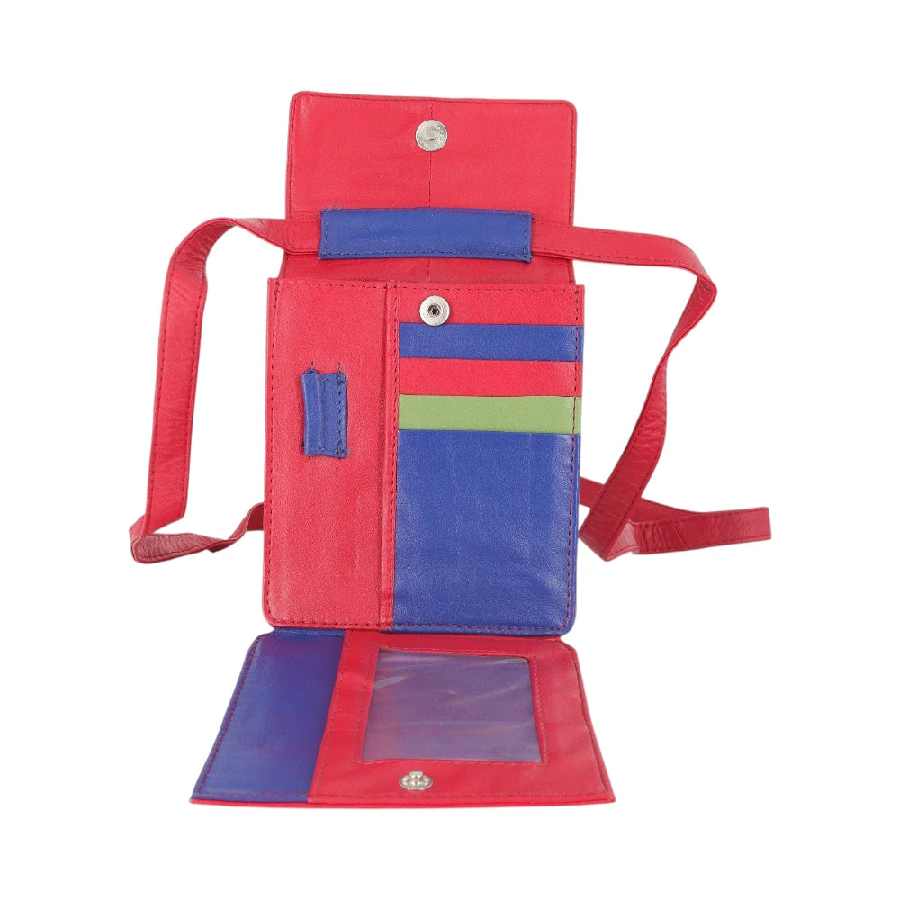 Inside view of Red crossbody bag with red and blue straps on a white background