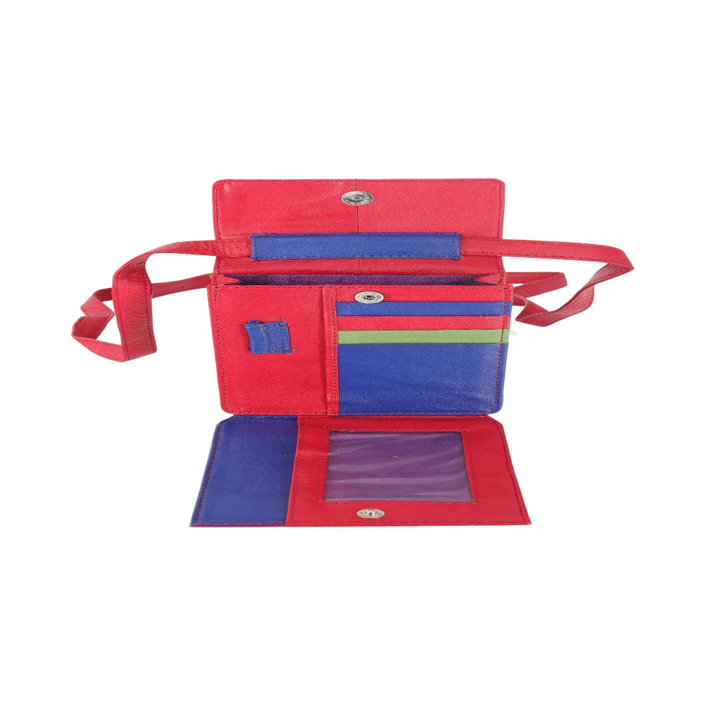 Red and blue bag with a strap on a white background