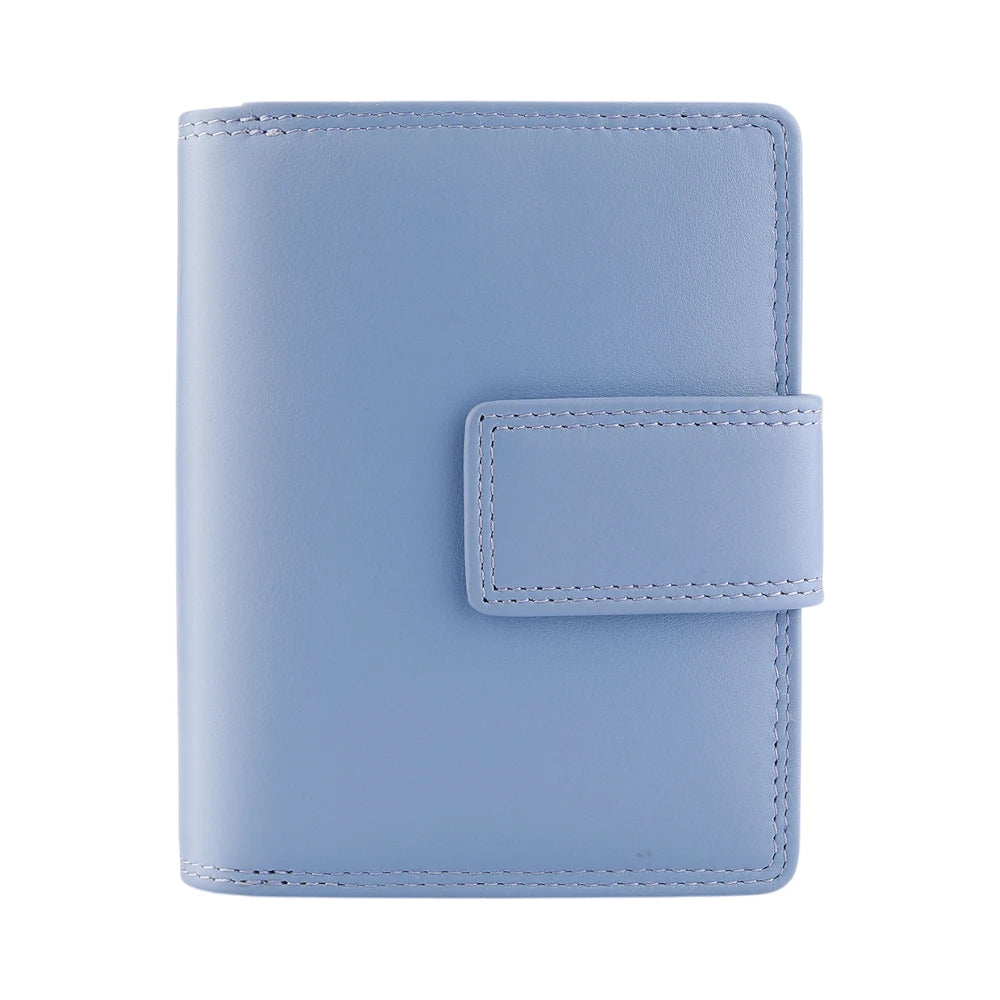 Light blue leather wallet with a strap on a white background