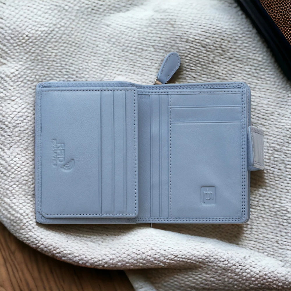 Open light blue wallet on a textured surface