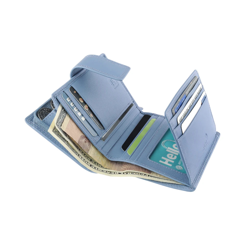 Blue wallet with various cards and money on a white background