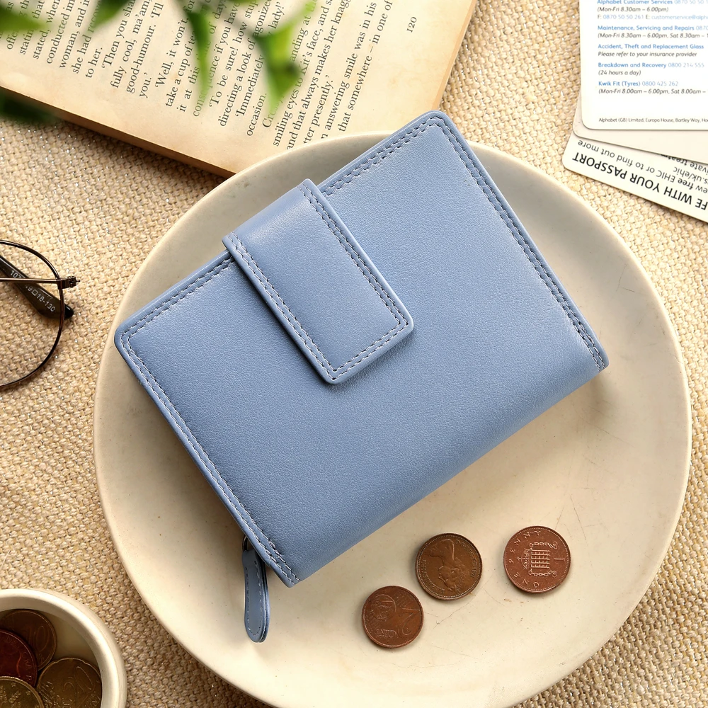 Blue wallet on a white plate with coins and a book in the background