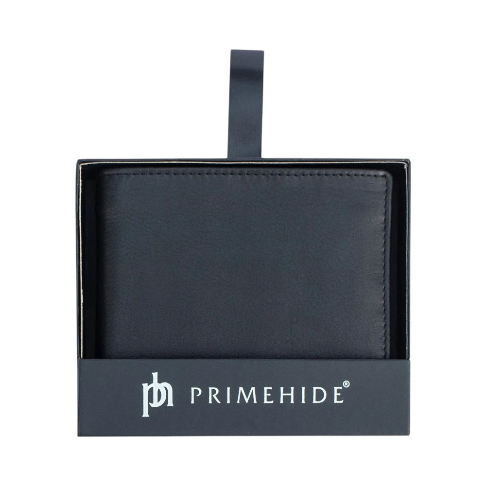 Front view of Black leather wallet in Primehide packaging on a white background