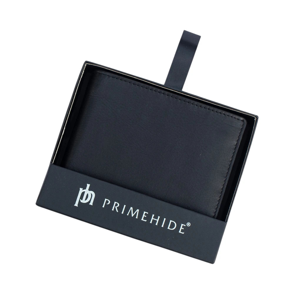 Front view of Black leather wallet in Primehide packaging on a white background
