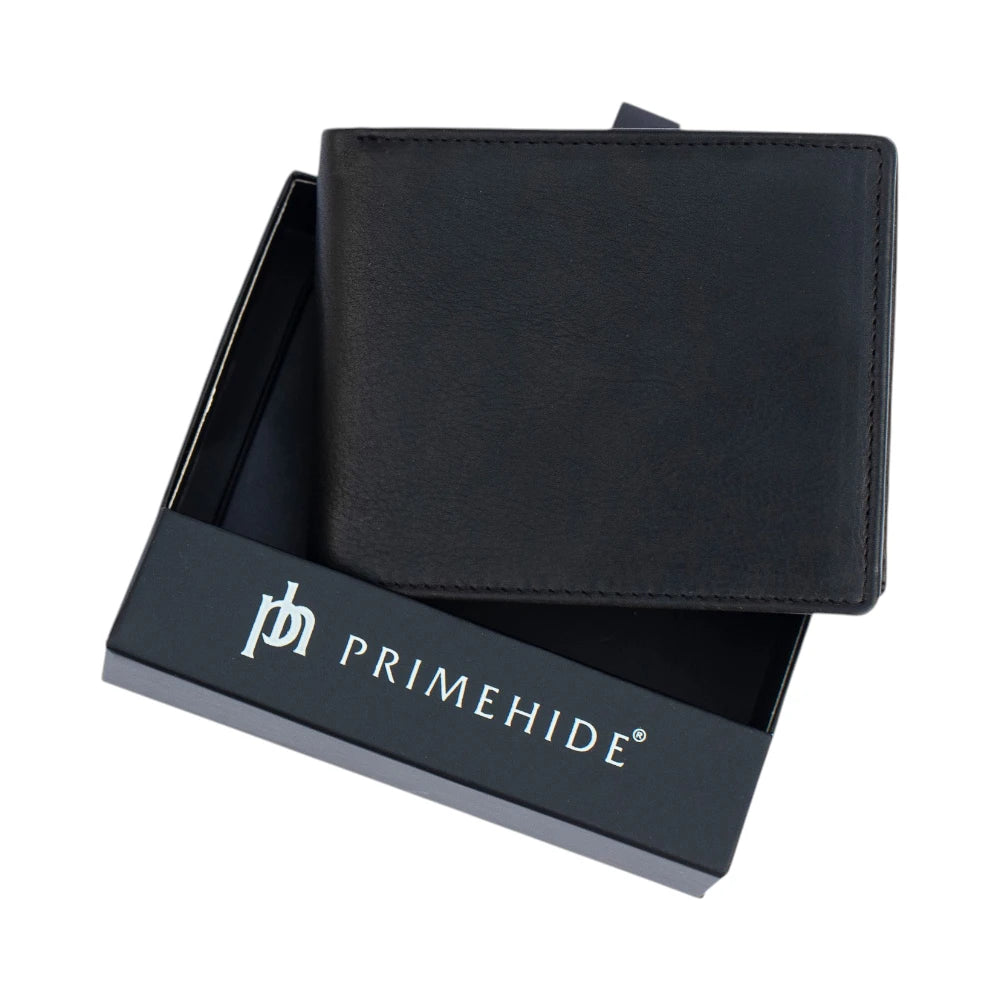 Black leather wallet with 'Primehide' branding on a white background