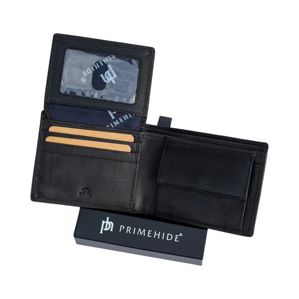 Black leather wallet with card holder on a white background, featuring Primehide branding.