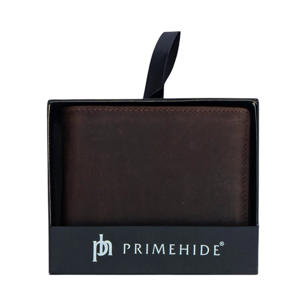 Brown leather wallet in a Primehide box on a white background