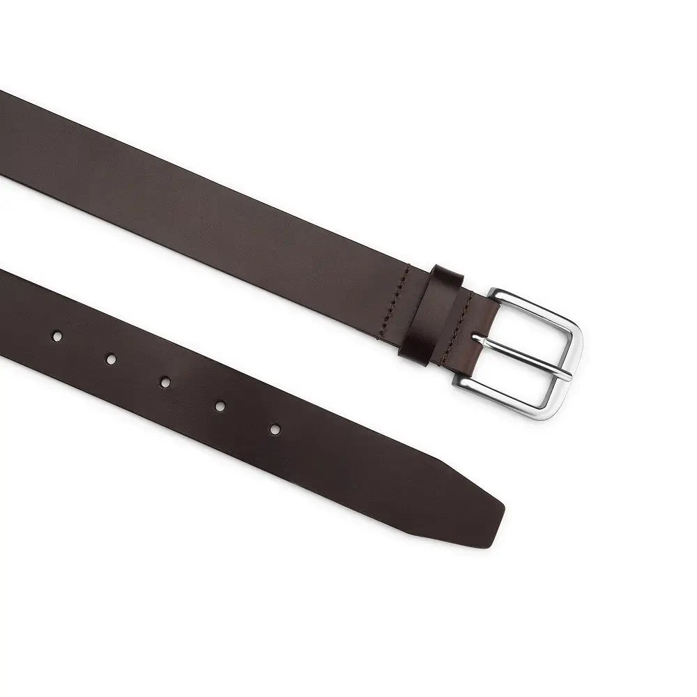 Top angle of Brown leather belt with a silver buckle on a white background