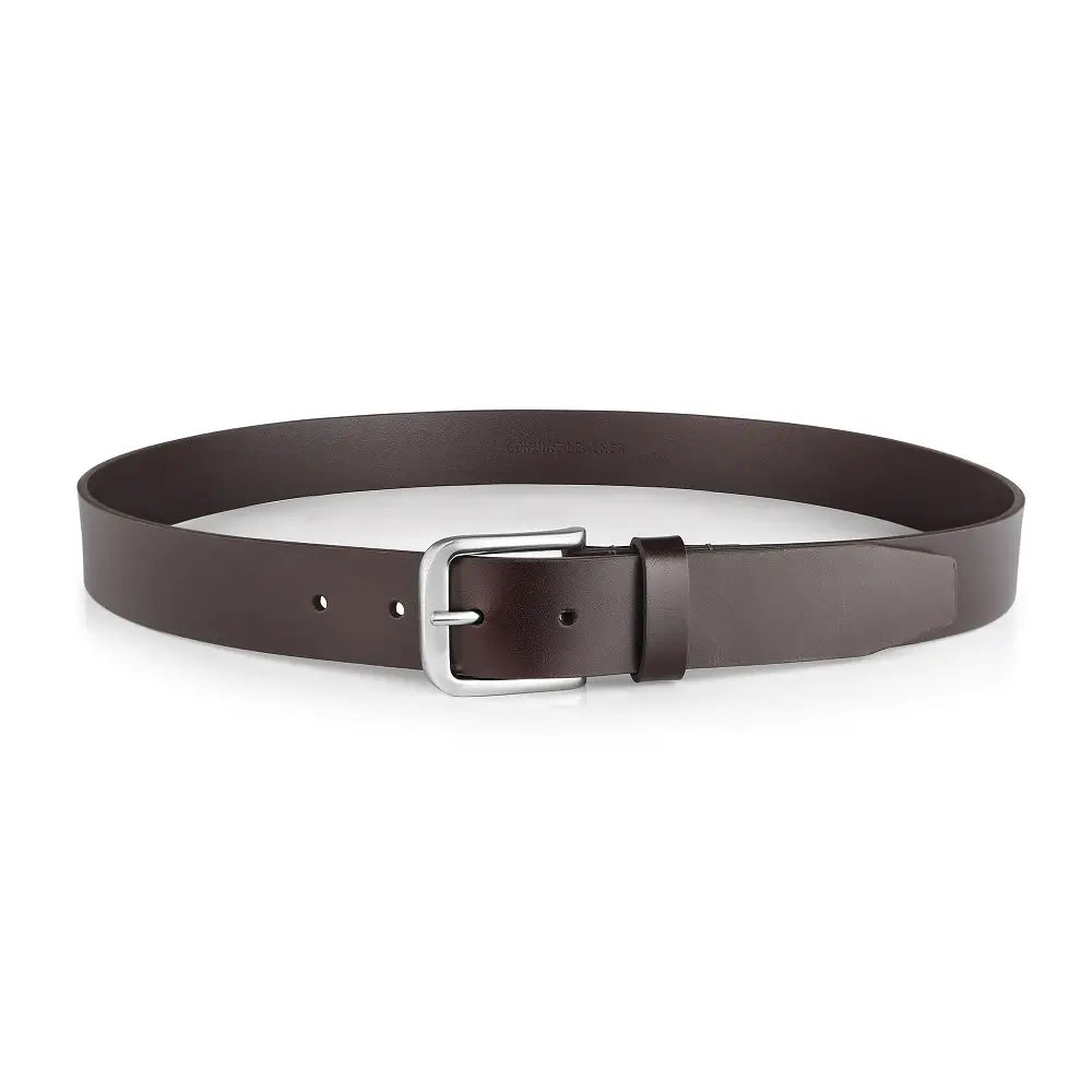 Full length of Brown leather belt with a silver buckle on a white background